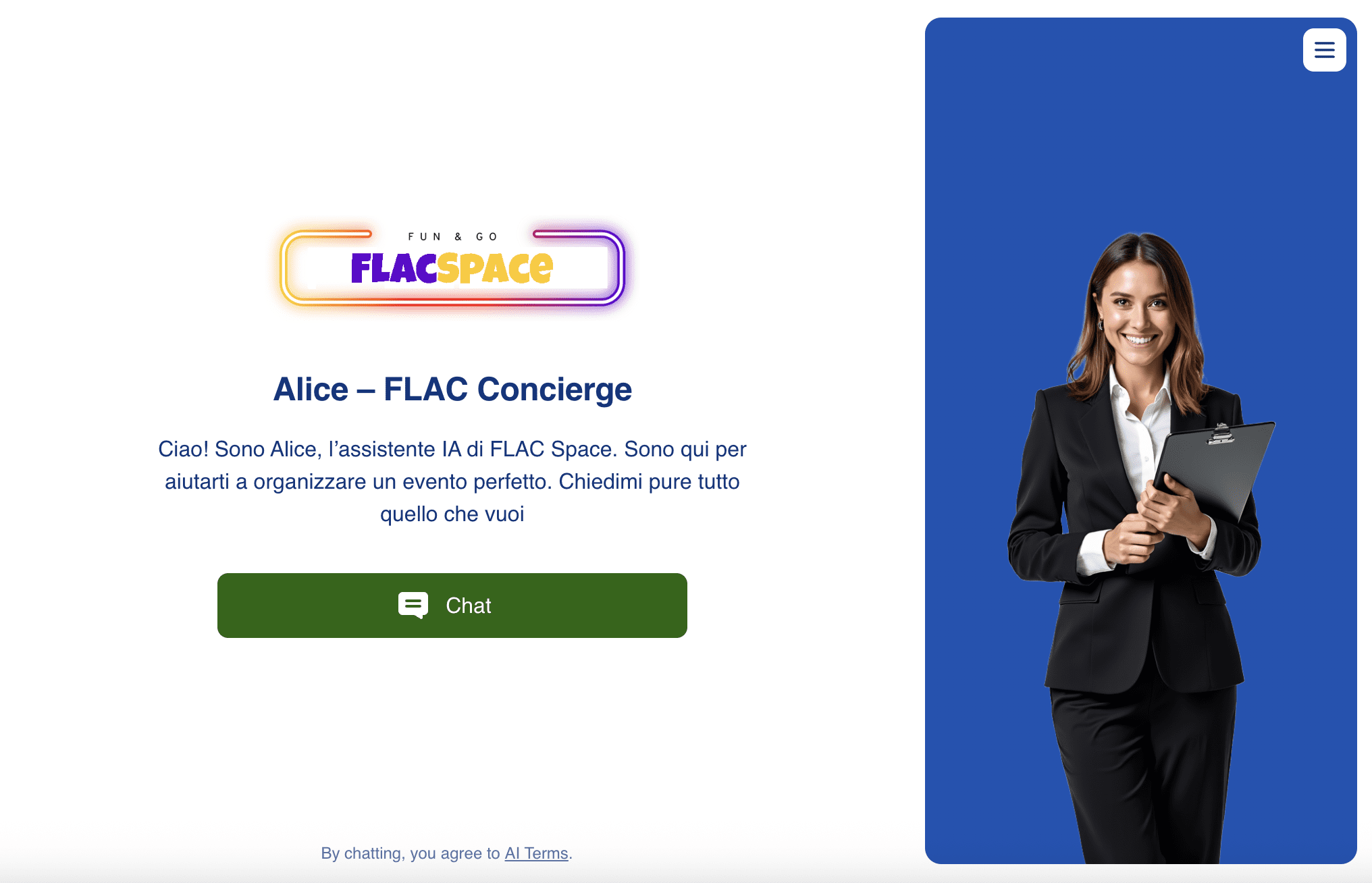 Servizio clienti sale eventi: Alice IA per FLAC Space